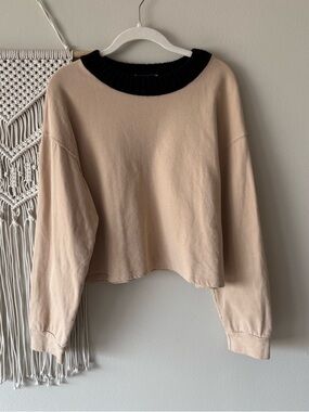 Zara Beige Crewneck Sweatshirt with Black Ribbed Collar